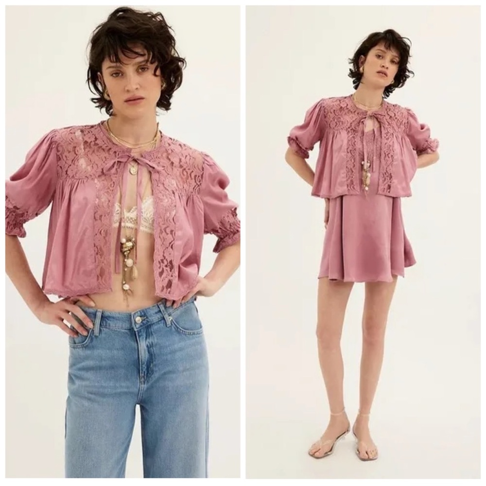 Free People Leena Set Cardi Rose Satin Lace Mini Dress Pink XS‎